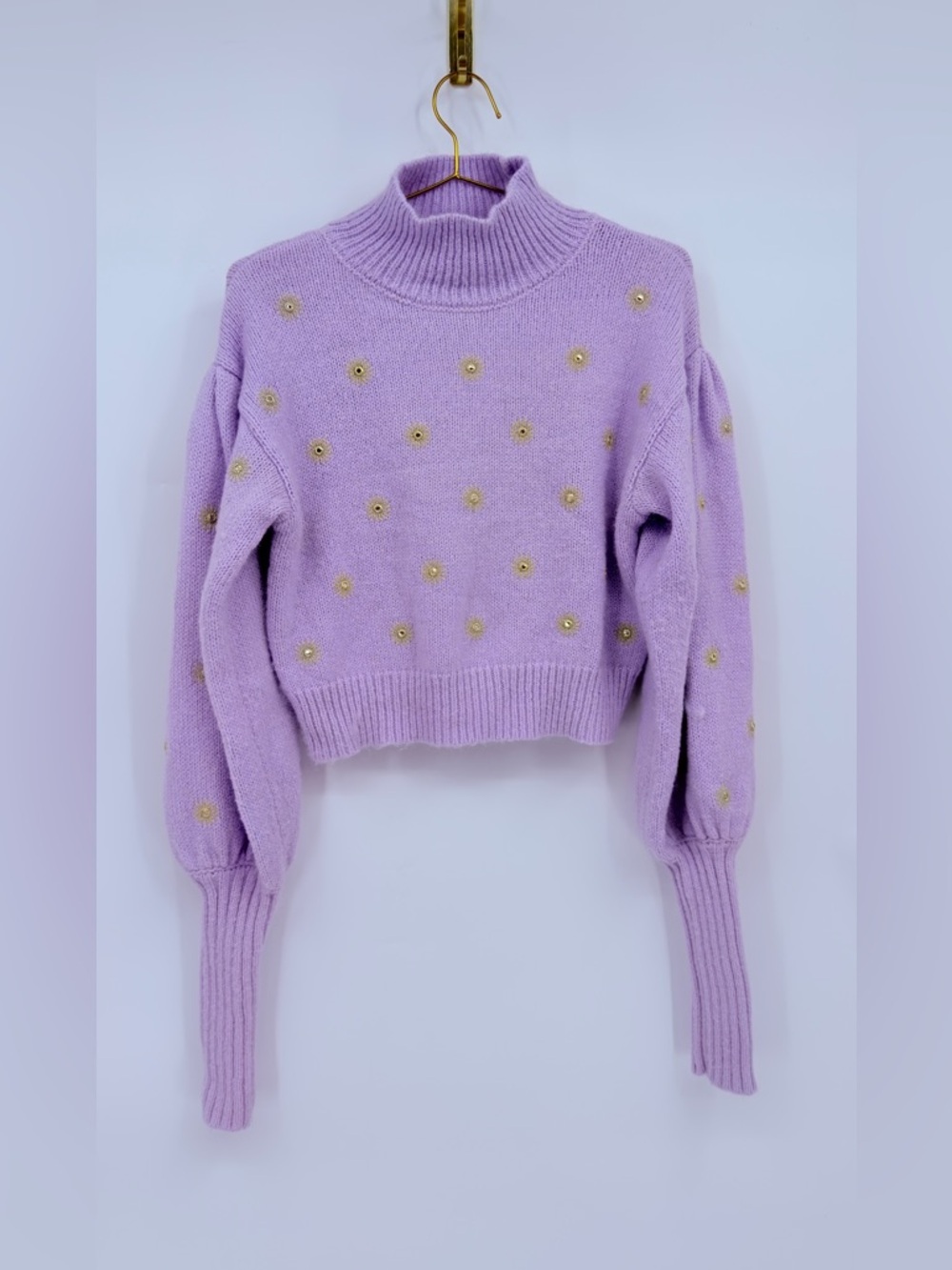 FARM Rio Lavender Cropped Sweater Floral Embroidered Puff Sleeve Size S